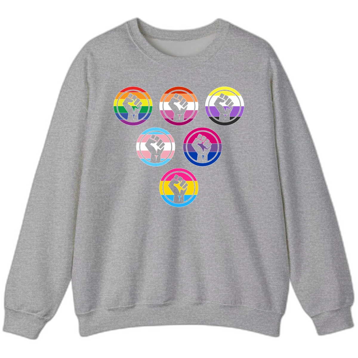 Six circular badge designs with raised fist symbols in different pride flag color schemes including rainbow, trans, and pansexual flags in Sport Grey