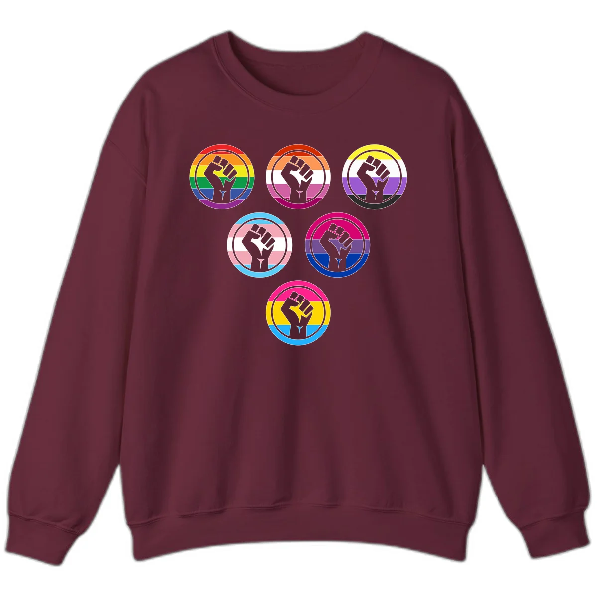 Six circular badge designs with raised fist symbols in different pride flag color schemes including rainbow, trans, and pansexual flags in Maroon