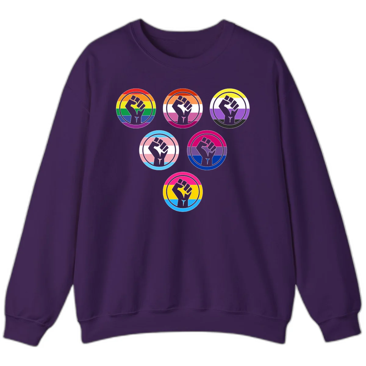 Six circular badge designs with raised fist symbols in different pride flag color schemes including rainbow, trans, and pansexual flags in Purple