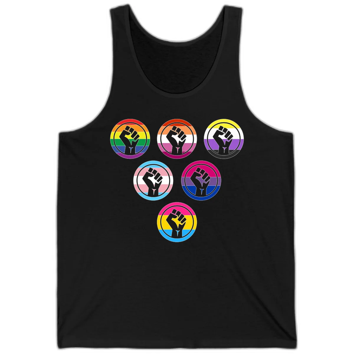 Six circular badge designs with raised fist symbols in different pride flag color schemes including rainbow, trans, and pansexual flags in Black
