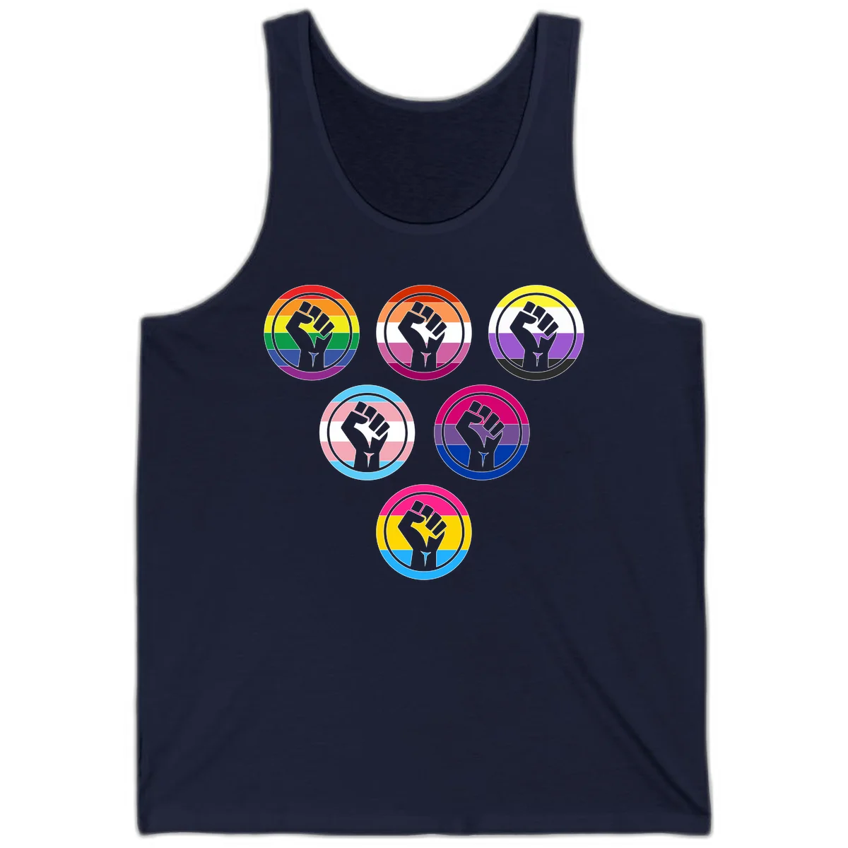 Six circular badge designs with raised fist symbols in different pride flag color schemes including rainbow, trans, and pansexual flags in Navy