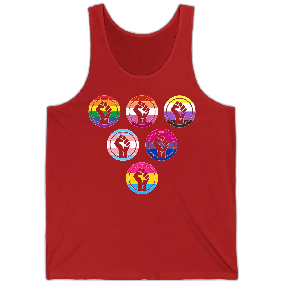 Six circular badge designs with raised fist symbols in different pride flag color schemes including rainbow, trans, and pansexual flags in Red