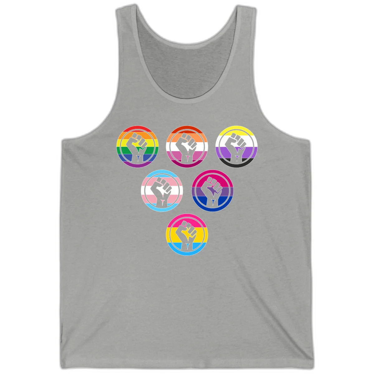 Six circular badge designs with raised fist symbols in different pride flag color schemes including rainbow, trans, and pansexual flags in Athletic Heather