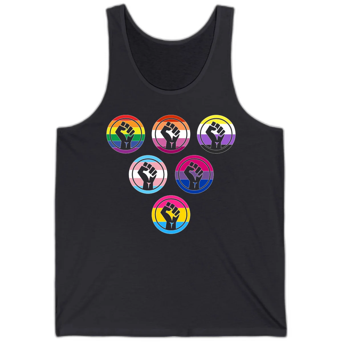 Six circular badge designs with raised fist symbols in different pride flag color schemes including rainbow, trans, and pansexual flags in Dark Grey