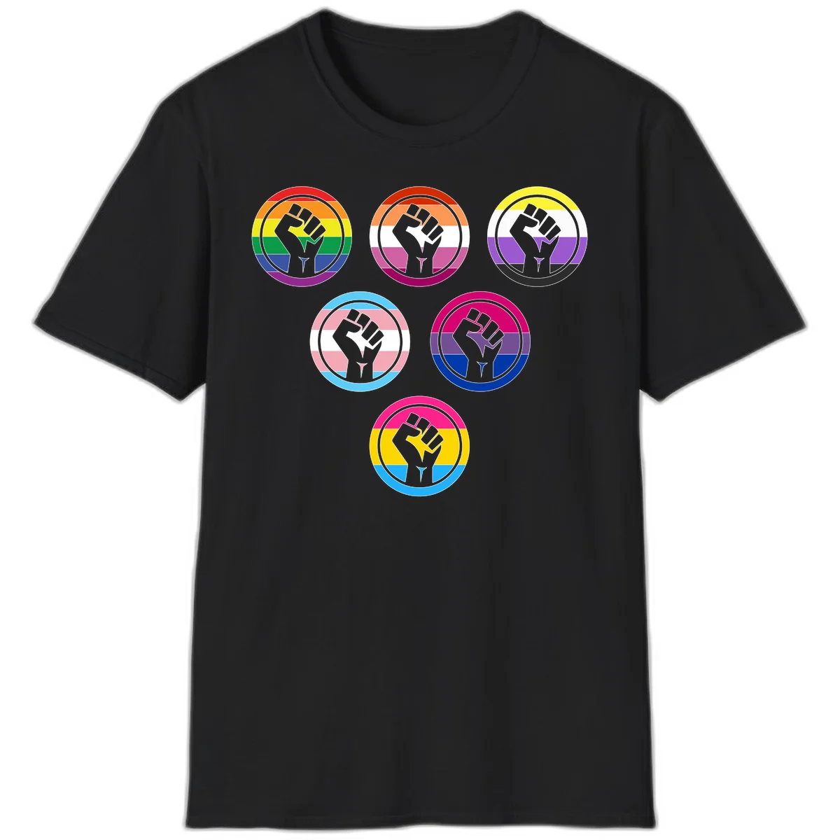 Six circular badge designs with raised fist symbols in different pride flag color schemes including rainbow, trans, and pansexual flags in Black