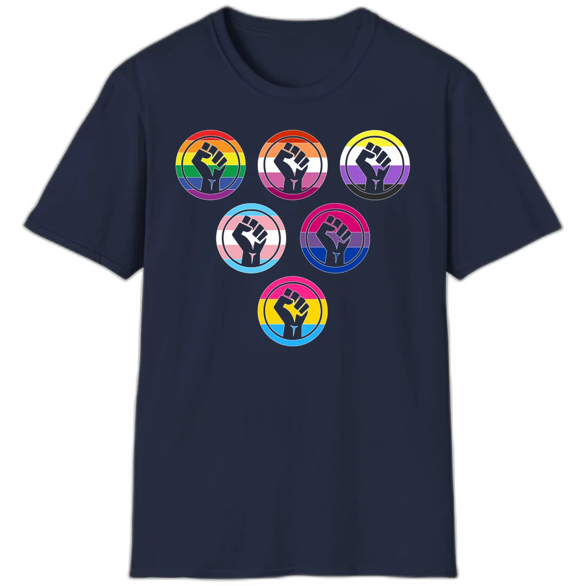 Six circular badge designs with raised fist symbols in different pride flag color schemes including rainbow, trans, and pansexual flags in Navy