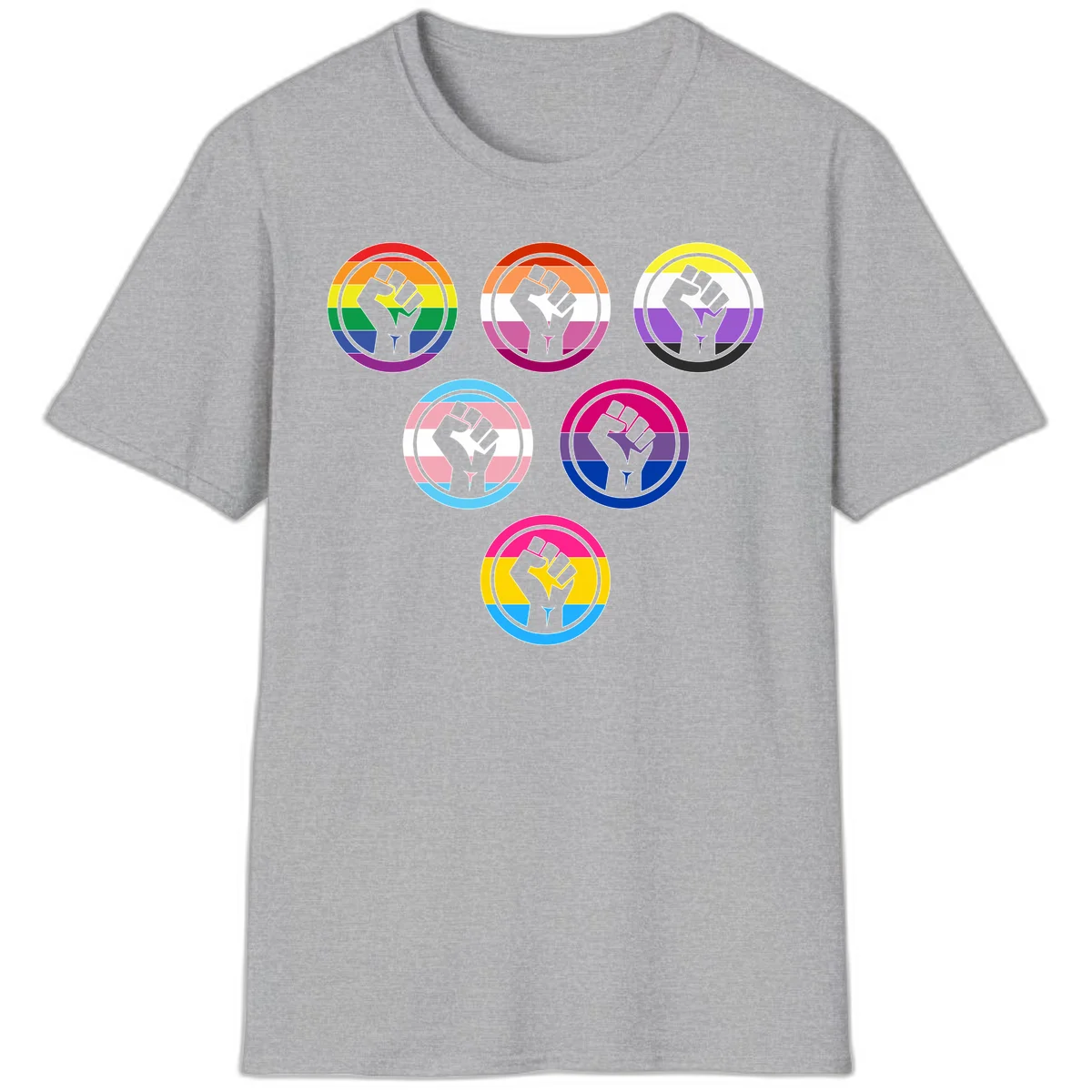 Six circular badge designs with raised fist symbols in different pride flag color schemes including rainbow, trans, and pansexual flags in Sport Grey