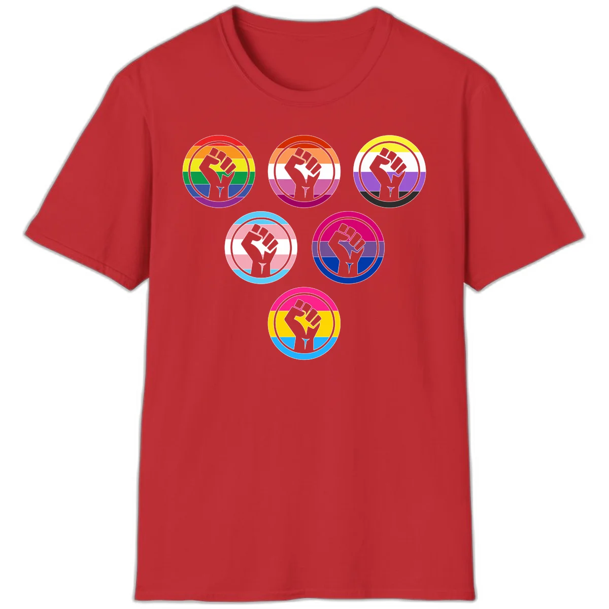 Six circular badge designs with raised fist symbols in different pride flag color schemes including rainbow, trans, and pansexual flags in Red