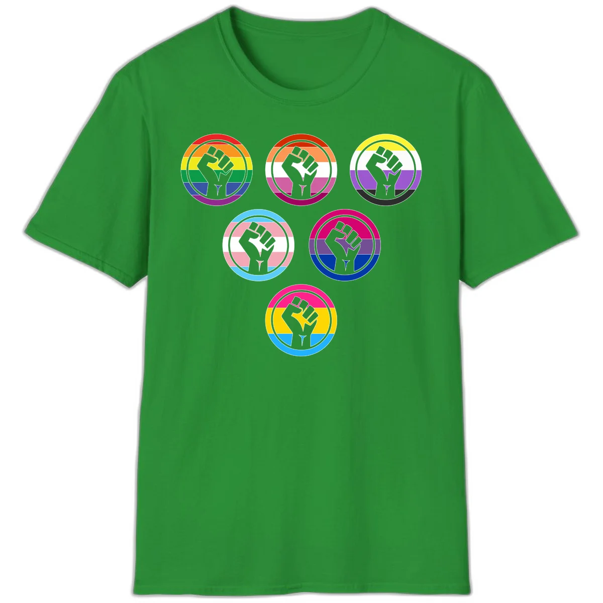 Six circular badge designs with raised fist symbols in different pride flag color schemes including rainbow, trans, and pansexual flags in Irish Green