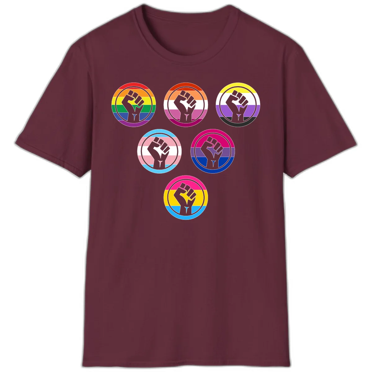 Six circular badge designs with raised fist symbols in different pride flag color schemes including rainbow, trans, and pansexual flags in Maroon