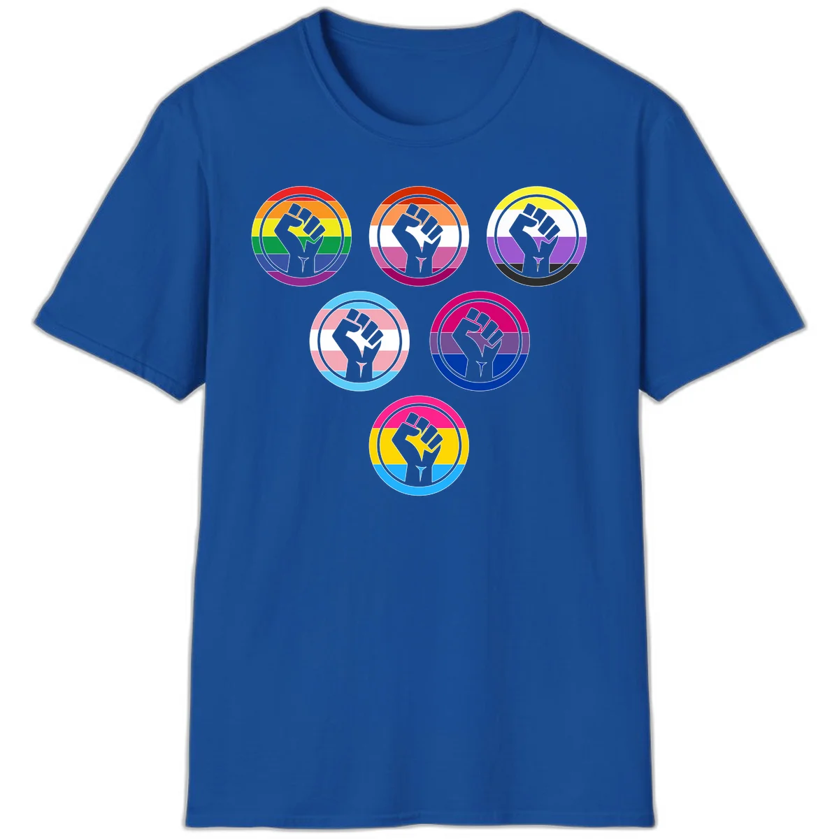 Six circular badge designs with raised fist symbols in different pride flag color schemes including rainbow, trans, and pansexual flags in Royal