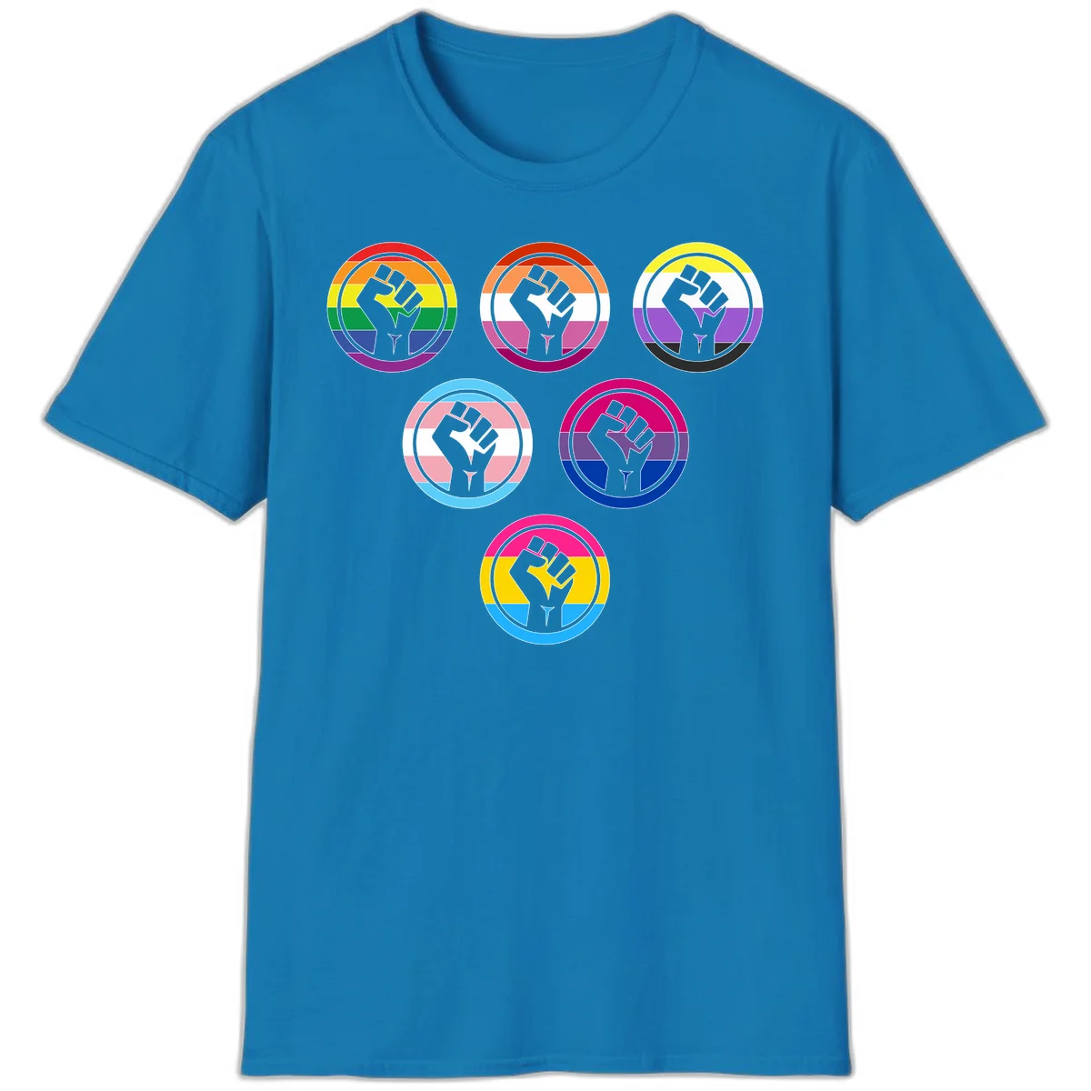 Six circular badge designs with raised fist symbols in different pride flag color schemes including rainbow, trans, and pansexual flags in Sapphire
