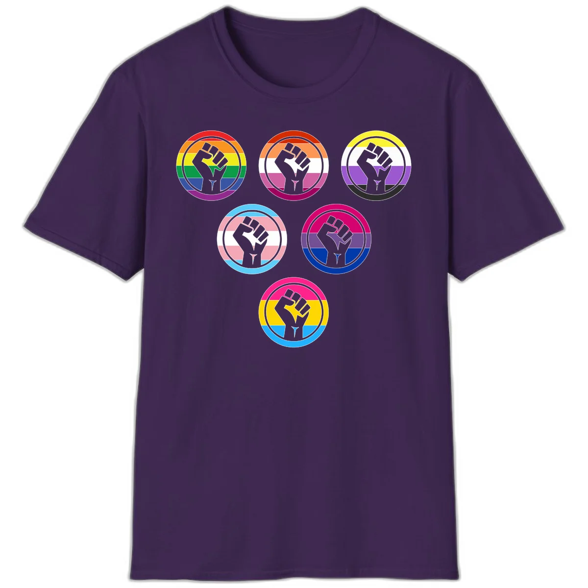 Six circular badge designs with raised fist symbols in different pride flag color schemes including rainbow, trans, and pansexual flags in Purple