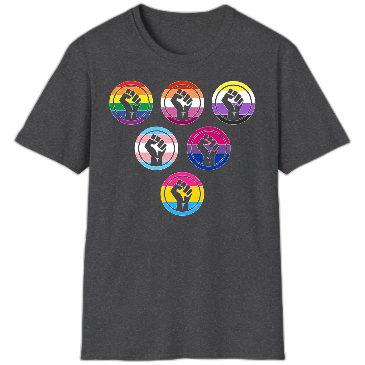 Six circular badge designs with raised fist symbols in different pride flag color schemes including rainbow, trans, and pansexual flags in Dark Heather