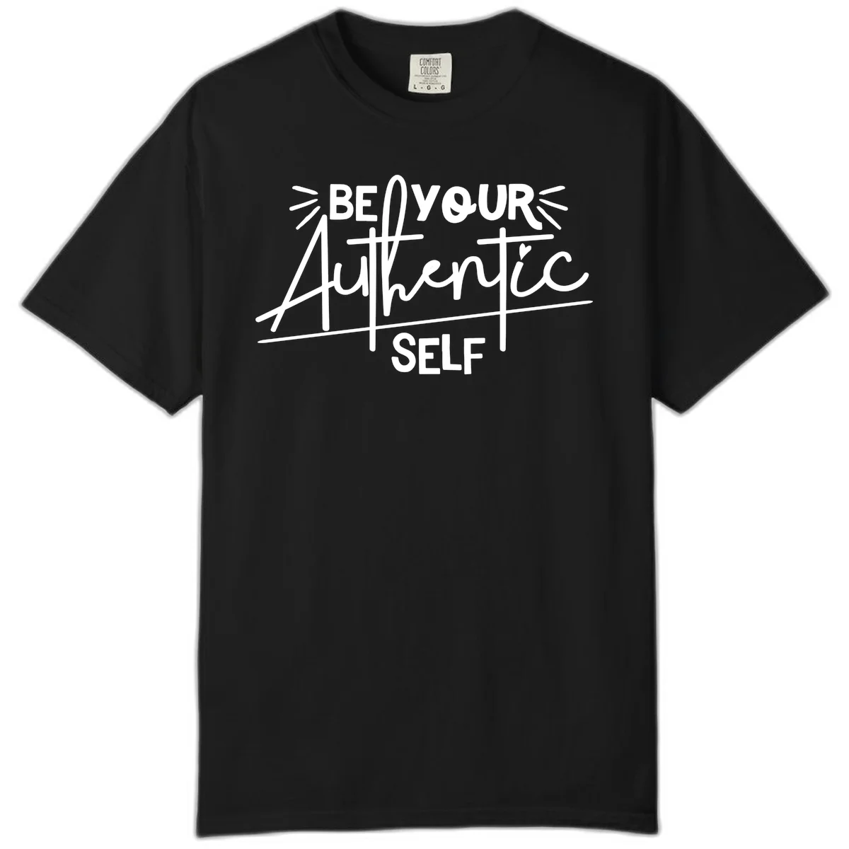 White hand-lettered text reading 'Be Your Authentic Self' with decorative radiating lines and a small heart on gray background in Black