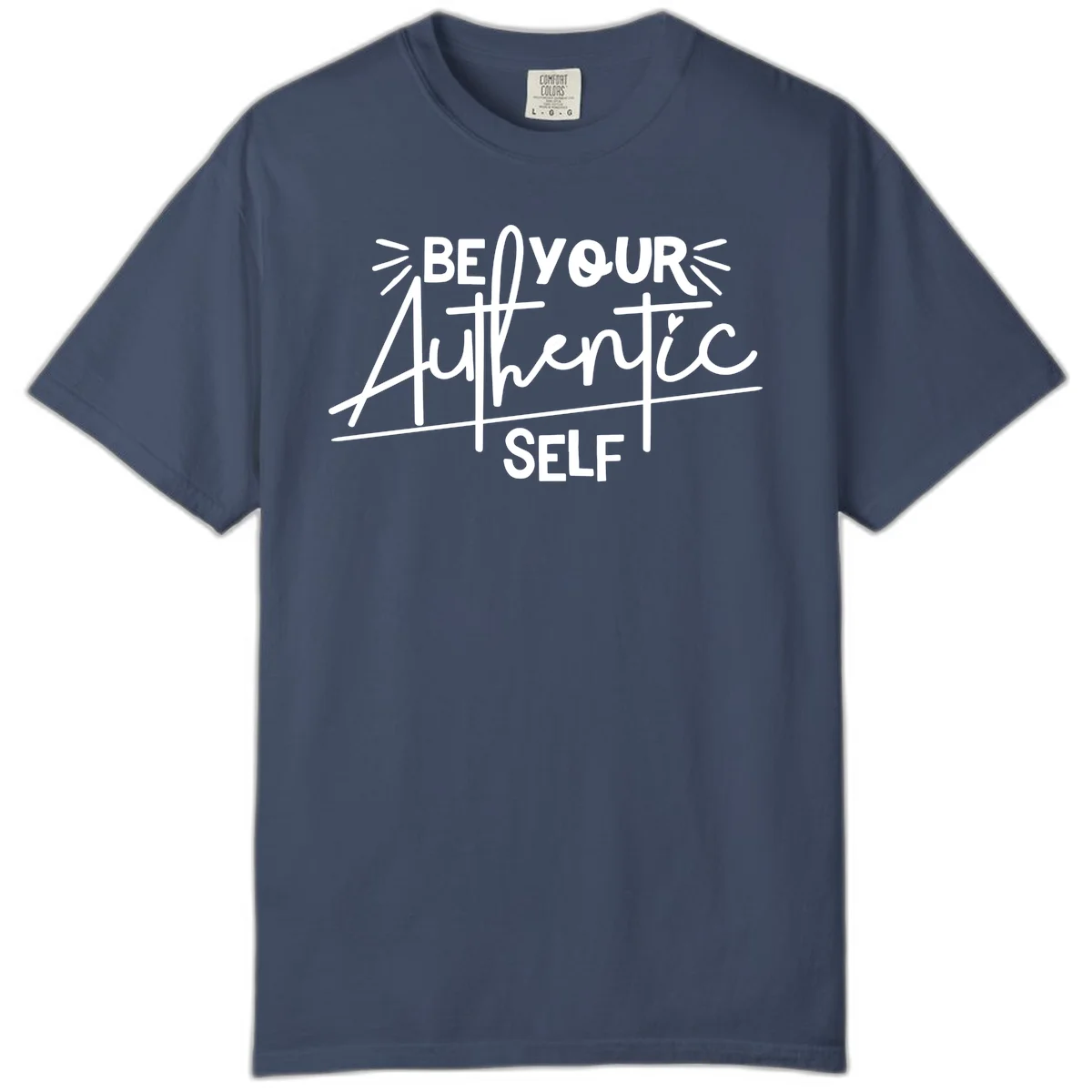 White hand-lettered text reading 'Be Your Authentic Self' with decorative radiating lines and a small heart on gray background in Midnight
