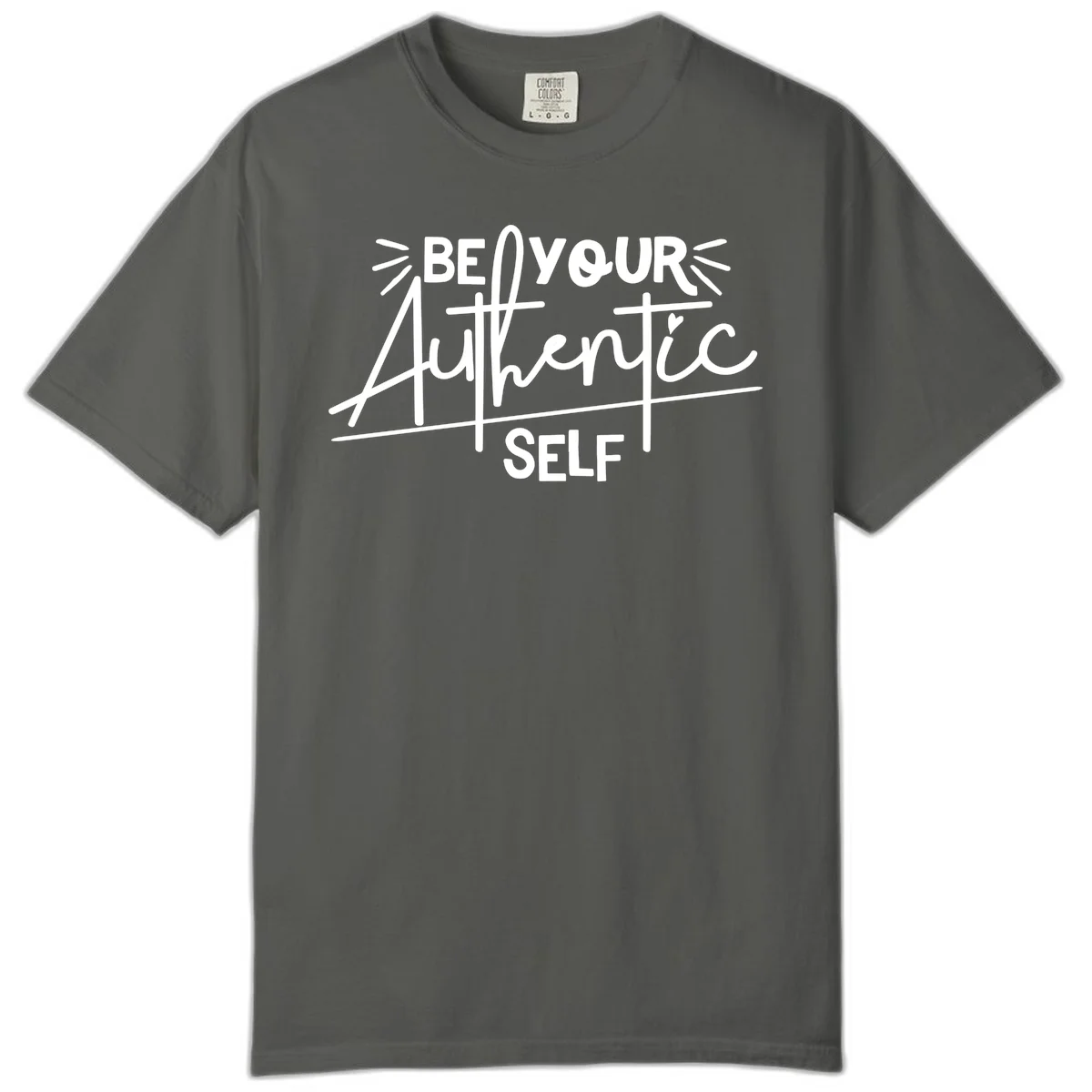 White hand-lettered text reading 'Be Your Authentic Self' with decorative radiating lines and a small heart on gray background in Pepper