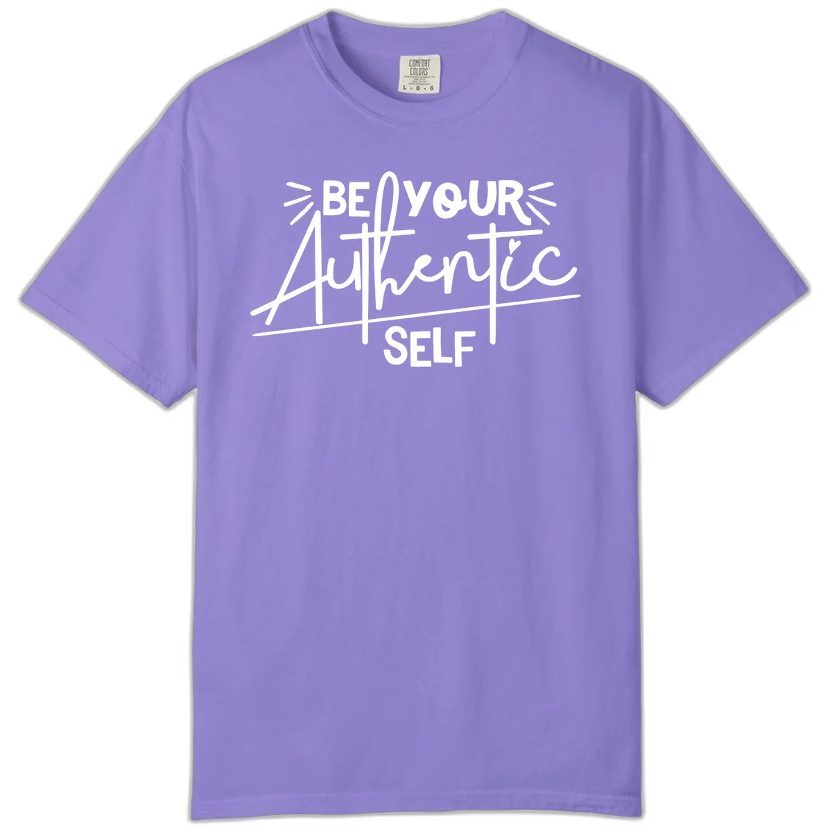 White hand-lettered text reading 'Be Your Authentic Self' with decorative radiating lines and a small heart on gray background in Violet