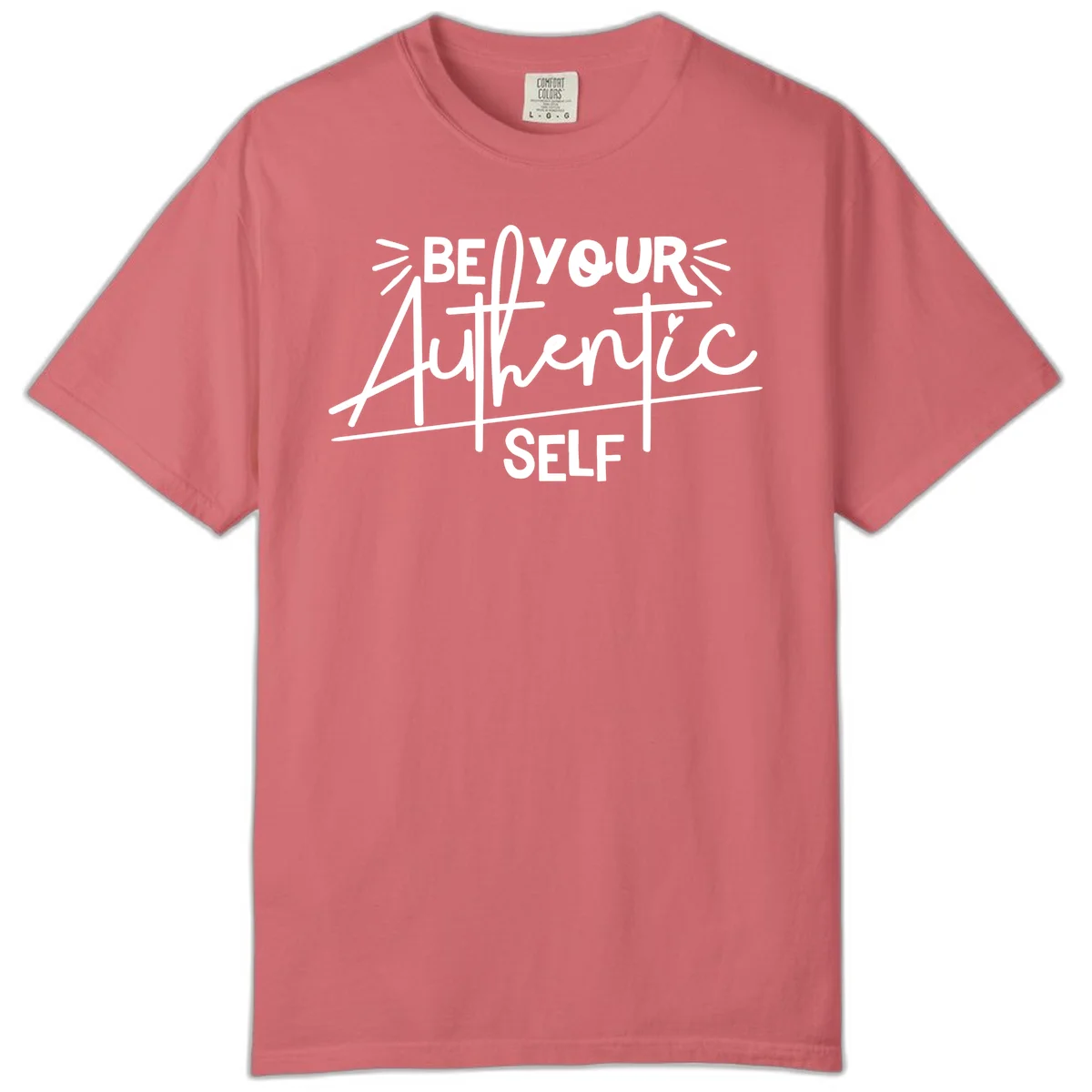 White hand-lettered text reading 'Be Your Authentic Self' with decorative radiating lines and a small heart on gray background in Watermelon