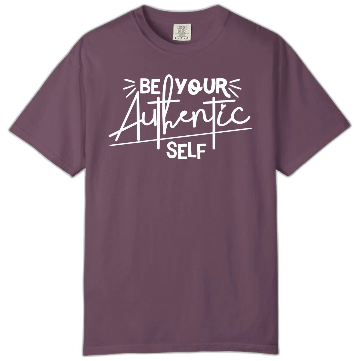 White hand-lettered text reading 'Be Your Authentic Self' with decorative radiating lines and a small heart on gray background in Berry