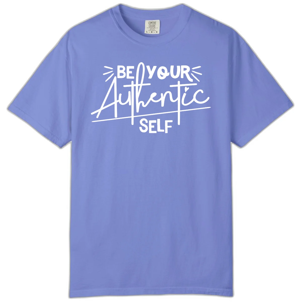White hand-lettered text reading 'Be Your Authentic Self' with decorative radiating lines and a small heart on gray background in Flo Blue