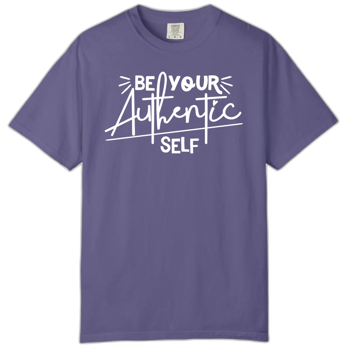 White hand-lettered text reading 'Be Your Authentic Self' with decorative radiating lines and a small heart on gray background in Grape