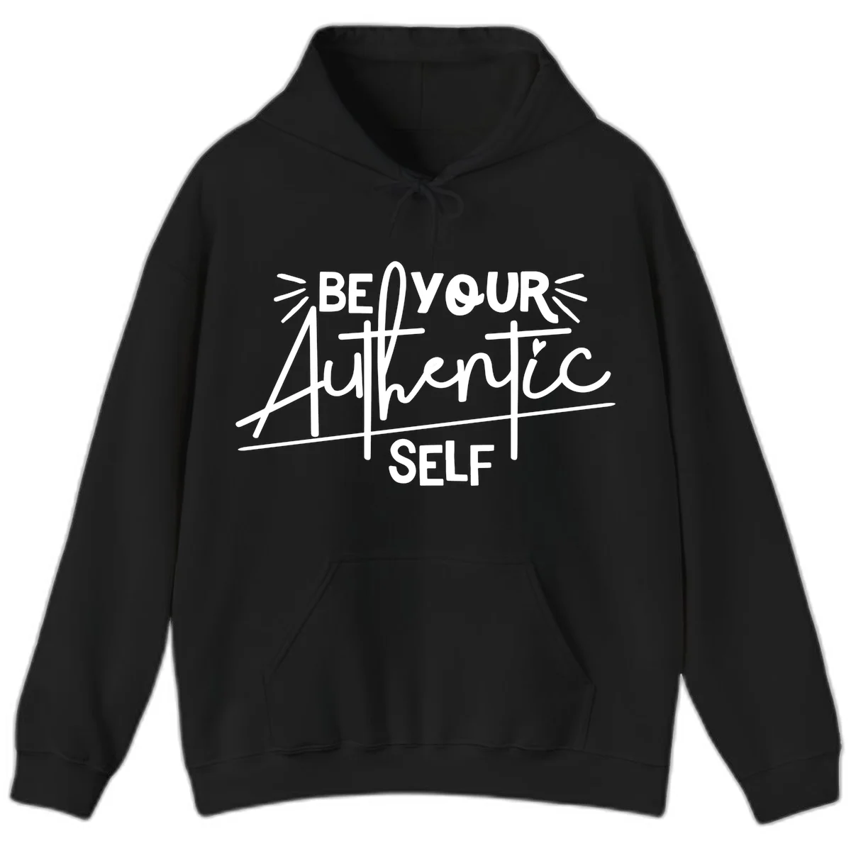 White hand-lettered text reading 'Be Your Authentic Self' with decorative radiating lines and a small heart on gray background in Black