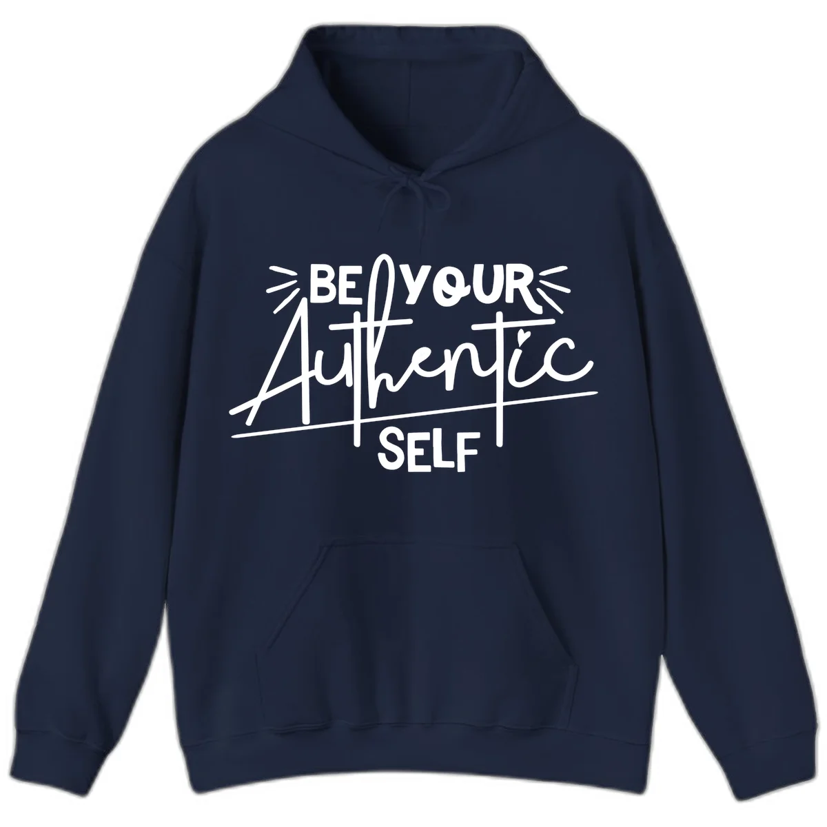 White hand-lettered text reading 'Be Your Authentic Self' with decorative radiating lines and a small heart on gray background in Navy