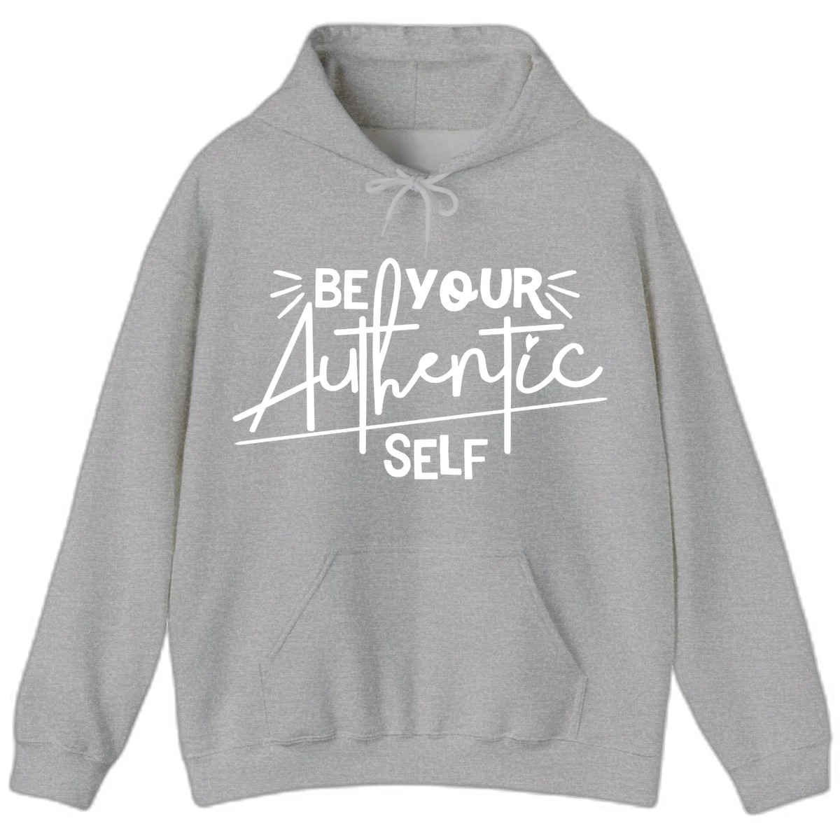 White hand-lettered text reading 'Be Your Authentic Self' with decorative radiating lines and a small heart on gray background in Sport Grey