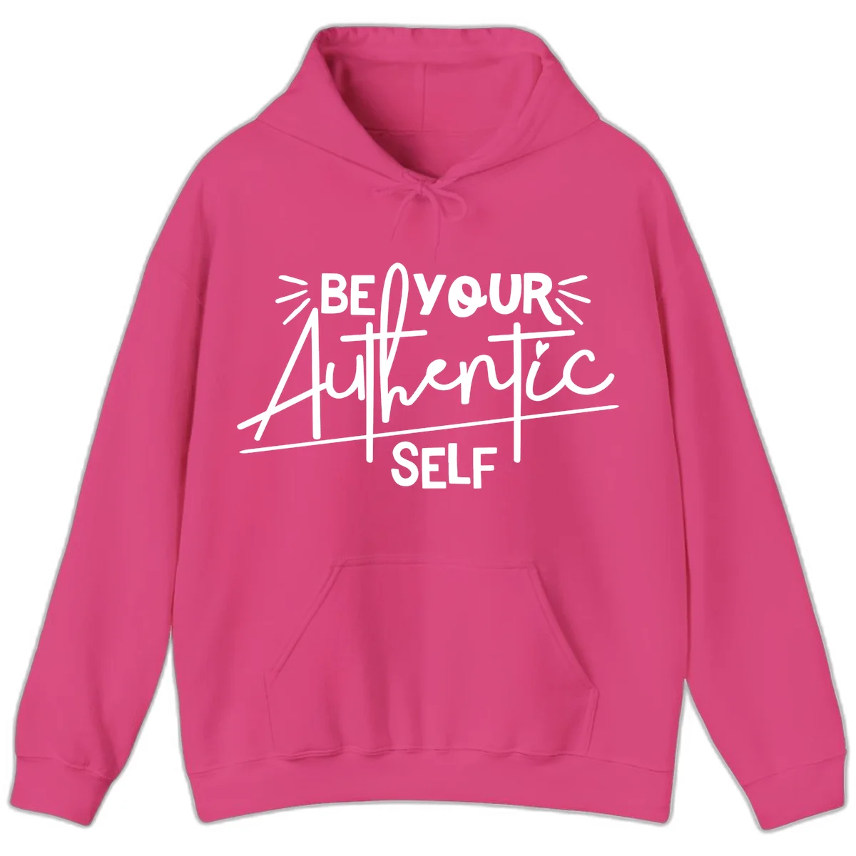 White hand-lettered text reading 'Be Your Authentic Self' with decorative radiating lines and a small heart on gray background in Heliconia