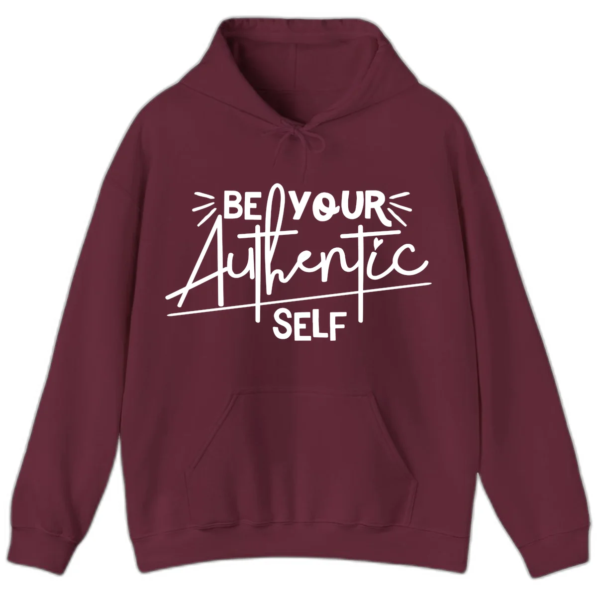 White hand-lettered text reading 'Be Your Authentic Self' with decorative radiating lines and a small heart on gray background in Maroon