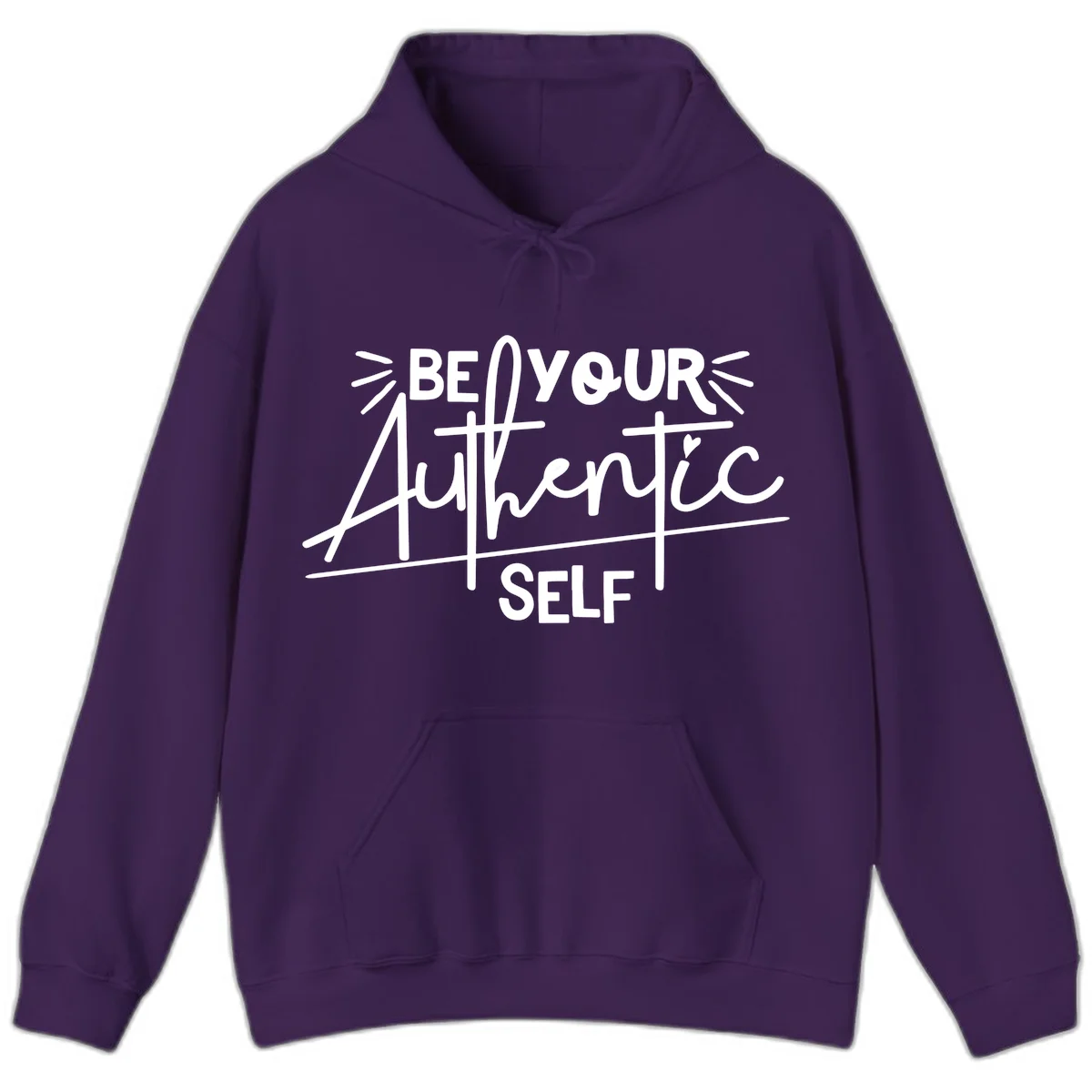 White hand-lettered text reading 'Be Your Authentic Self' with decorative radiating lines and a small heart on gray background in Purple