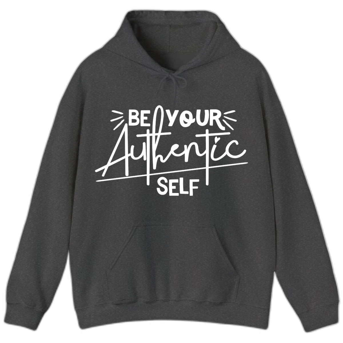 White hand-lettered text reading 'Be Your Authentic Self' with decorative radiating lines and a small heart on gray background in Dark Heather