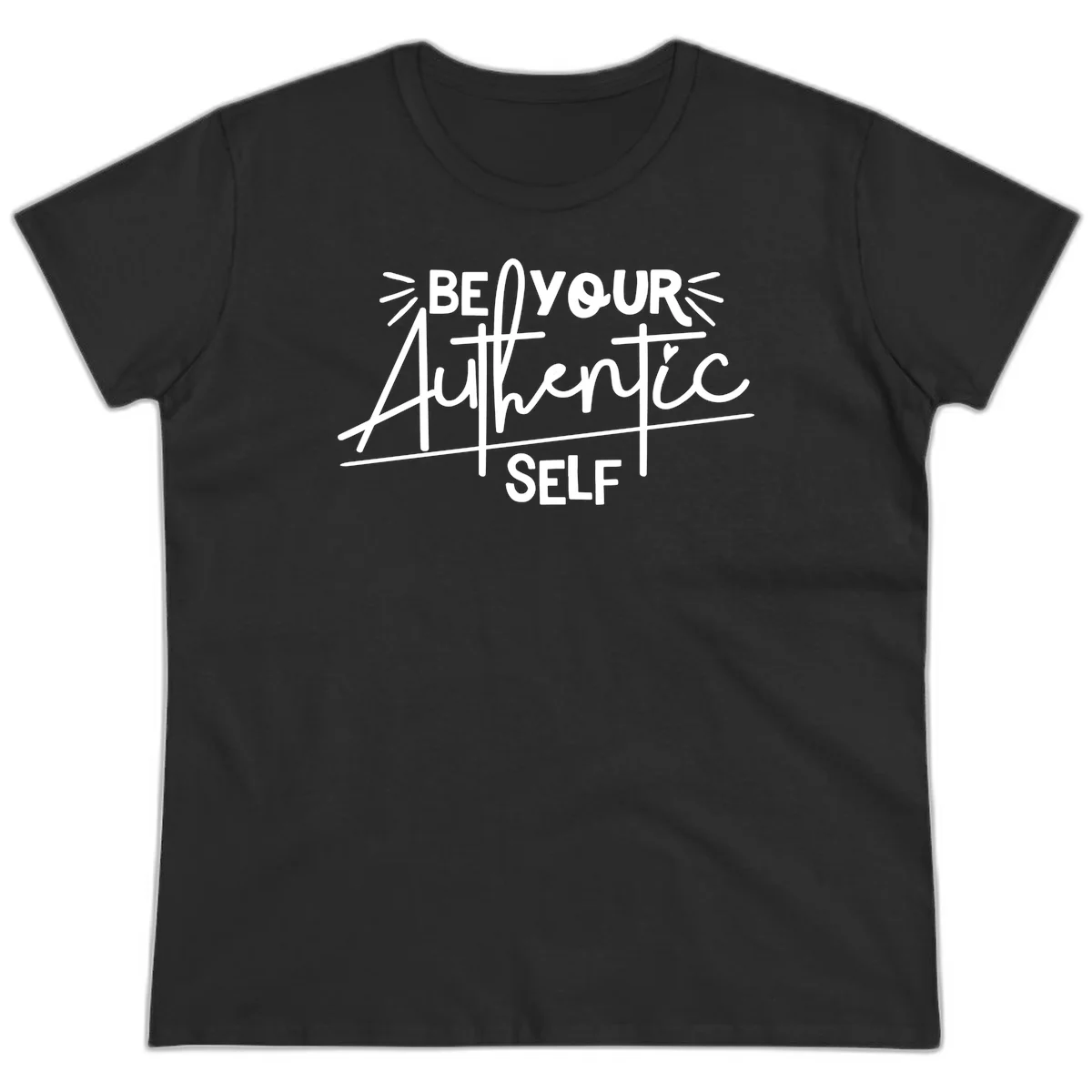 White hand-lettered text reading 'Be Your Authentic Self' with decorative radiating lines and a small heart on gray background in Black