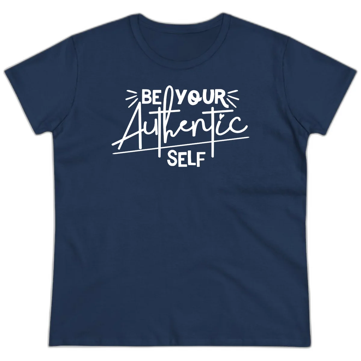 White hand-lettered text reading 'Be Your Authentic Self' with decorative radiating lines and a small heart on gray background in Navy