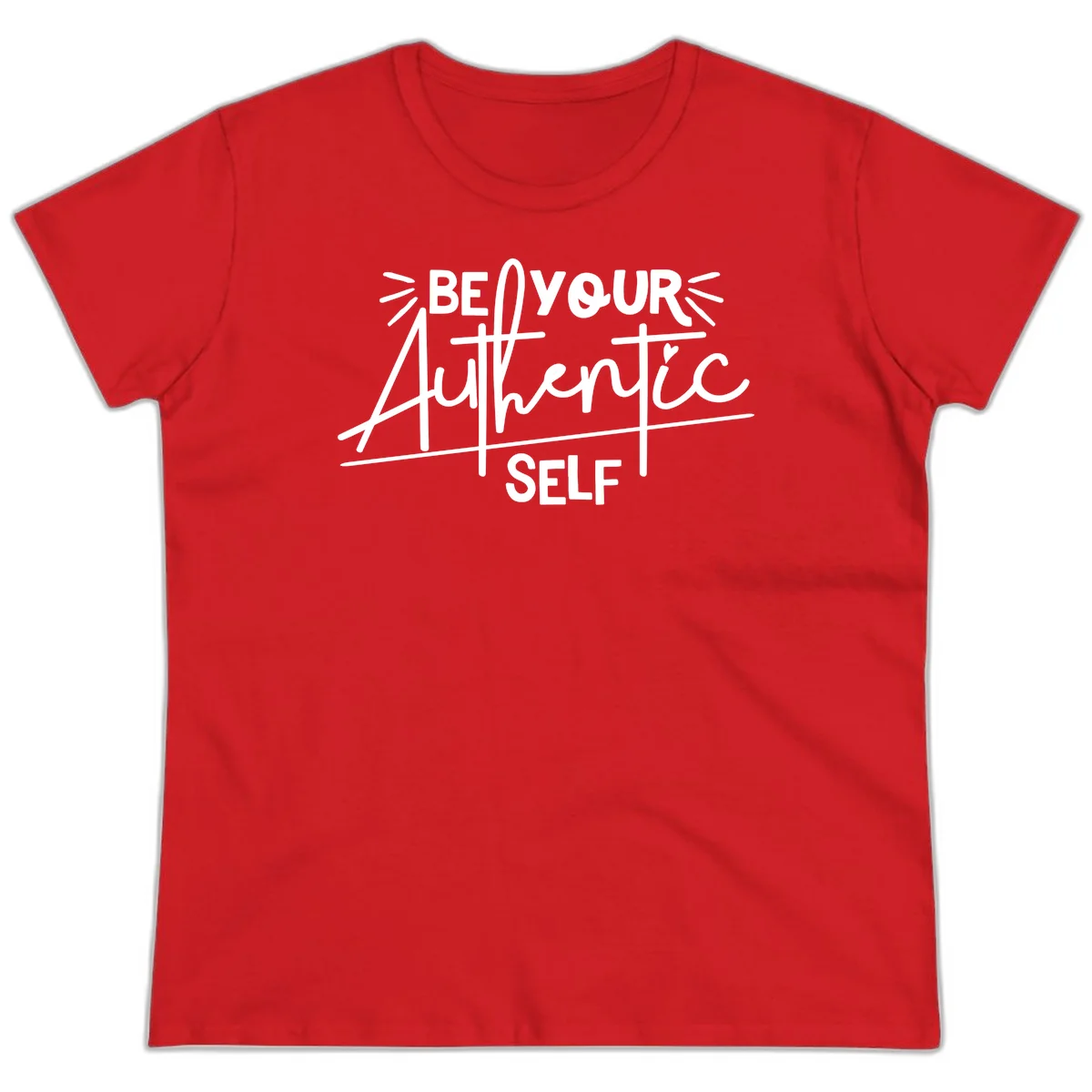White hand-lettered text reading 'Be Your Authentic Self' with decorative radiating lines and a small heart on gray background in Red