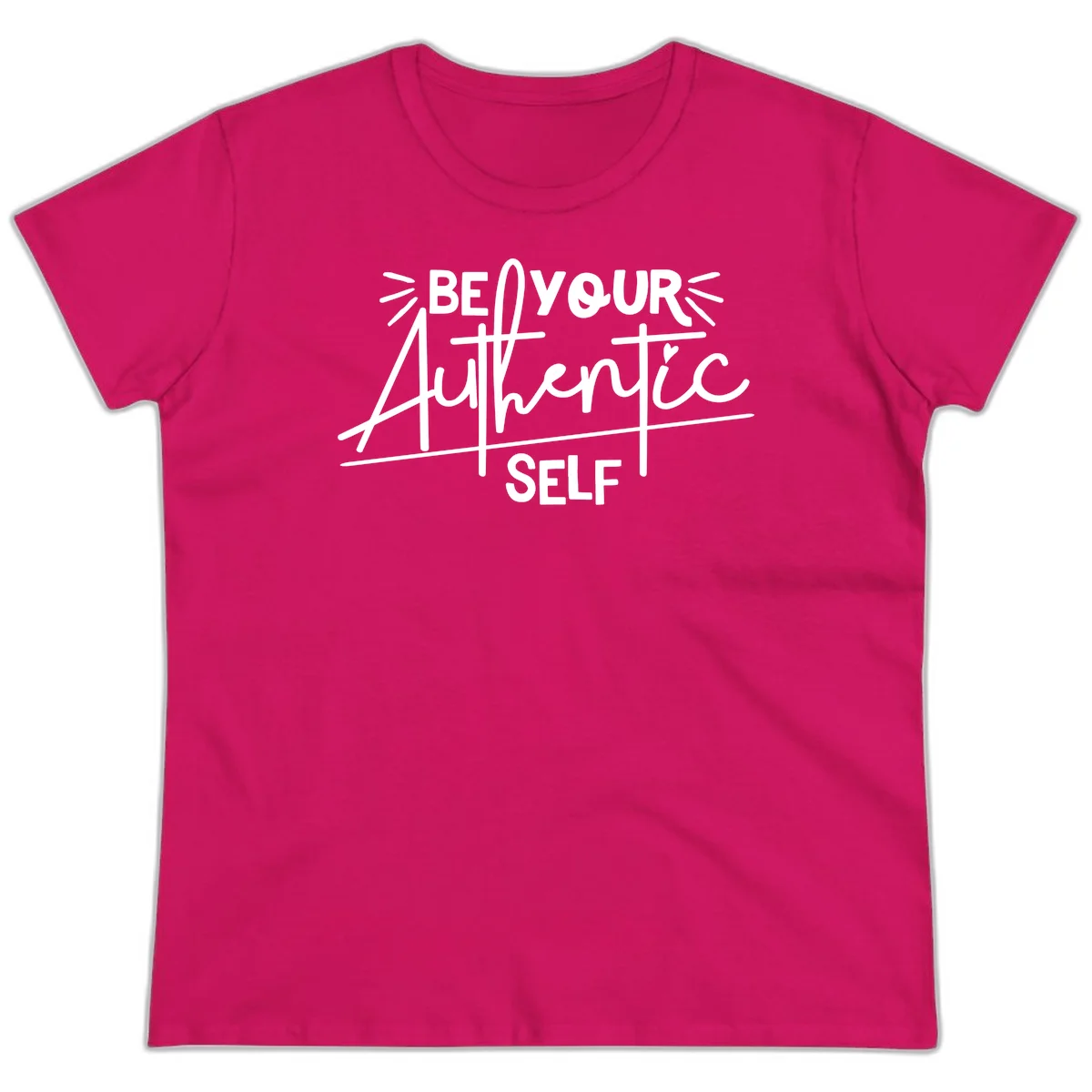 White hand-lettered text reading 'Be Your Authentic Self' with decorative radiating lines and a small heart on gray background in Heliconia