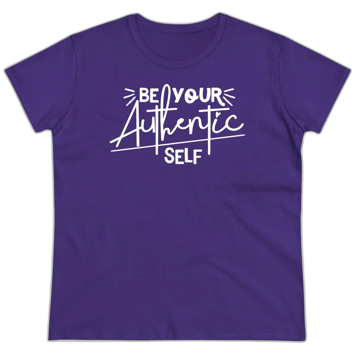White hand-lettered text reading 'Be Your Authentic Self' with decorative radiating lines and a small heart on gray background in Purple