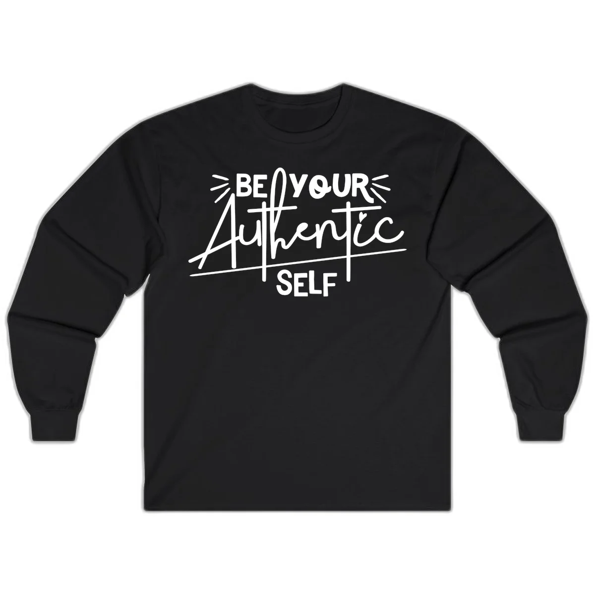 White hand-lettered text reading 'Be Your Authentic Self' with decorative radiating lines and a small heart on gray background in Black