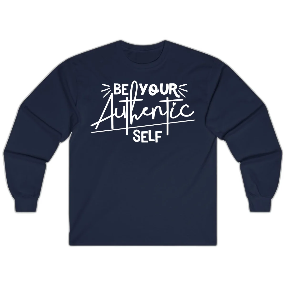 White hand-lettered text reading 'Be Your Authentic Self' with decorative radiating lines and a small heart on gray background in Navy