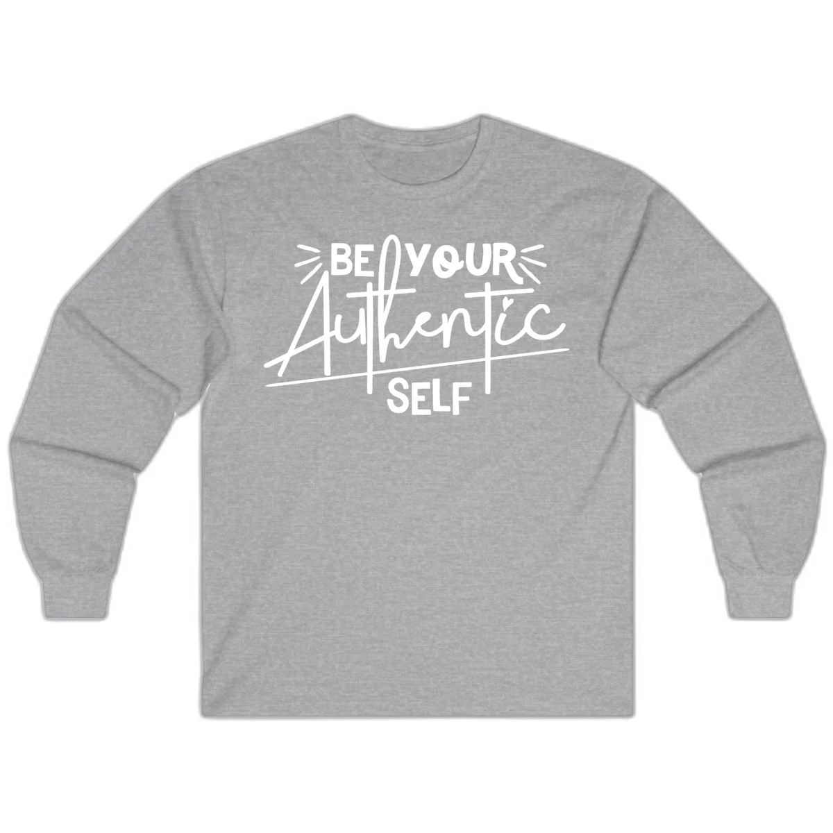 White hand-lettered text reading 'Be Your Authentic Self' with decorative radiating lines and a small heart on gray background in Sport Grey