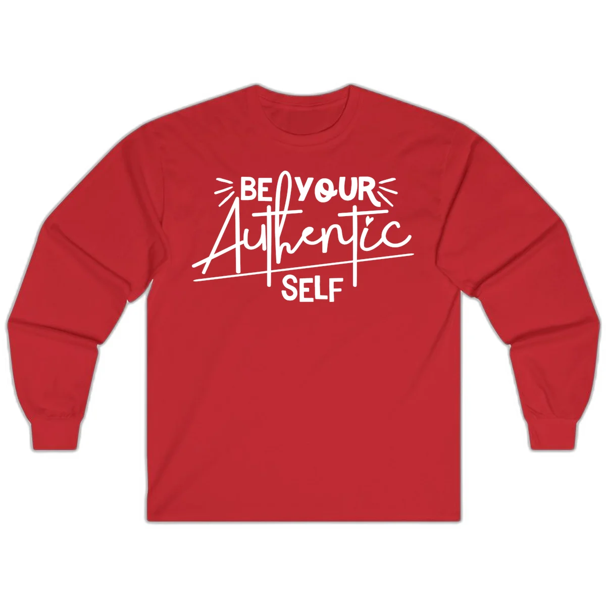 White hand-lettered text reading 'Be Your Authentic Self' with decorative radiating lines and a small heart on gray background in Red