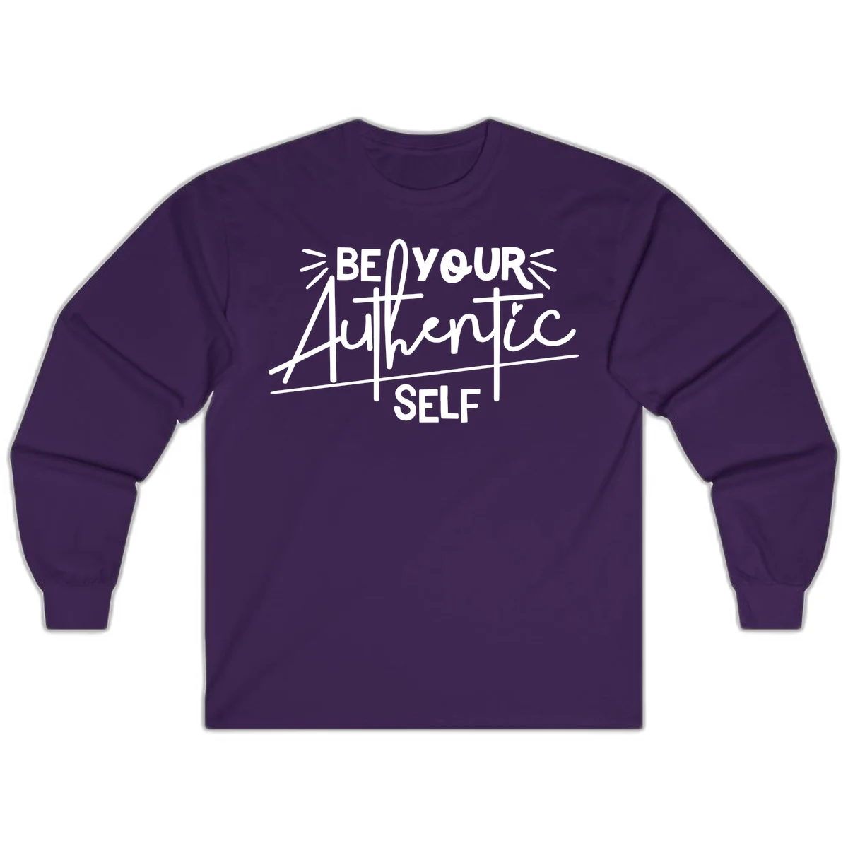 White hand-lettered text reading 'Be Your Authentic Self' with decorative radiating lines and a small heart on gray background in Purple