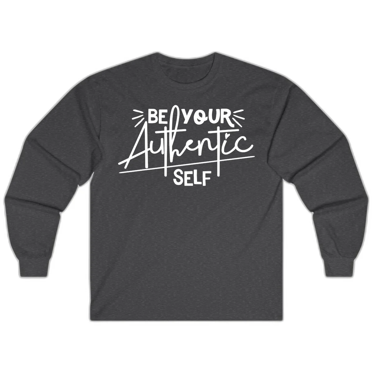 White hand-lettered text reading 'Be Your Authentic Self' with decorative radiating lines and a small heart on gray background in Dark Heather