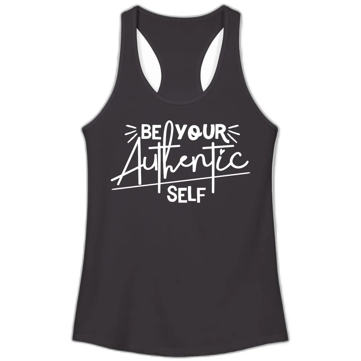 White hand-lettered text reading 'Be Your Authentic Self' with decorative radiating lines and a small heart on gray background in Black
