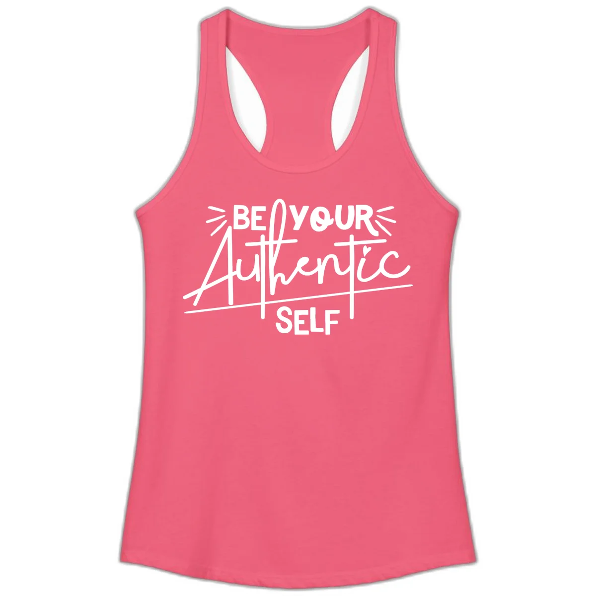 White hand-lettered text reading 'Be Your Authentic Self' with decorative radiating lines and a small heart on gray background in Hot Pink