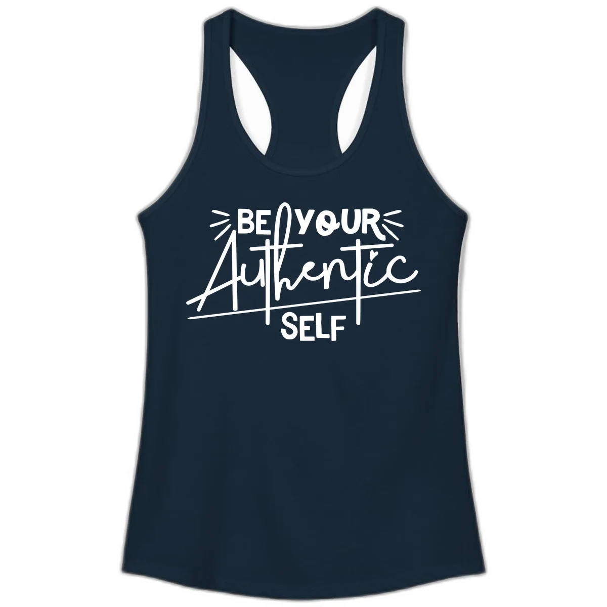 White hand-lettered text reading 'Be Your Authentic Self' with decorative radiating lines and a small heart on gray background in Solid Midnight Navy