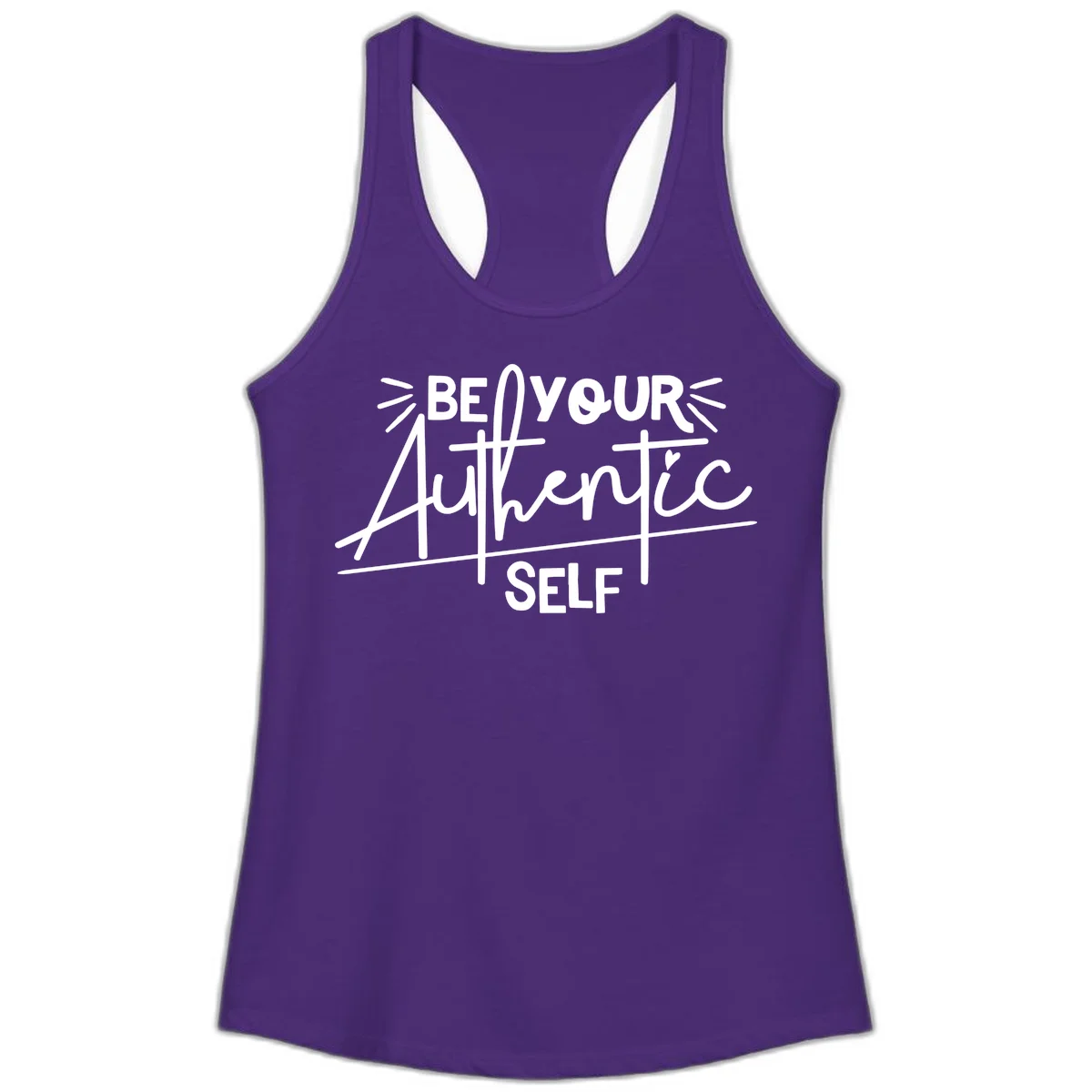 White hand-lettered text reading 'Be Your Authentic Self' with decorative radiating lines and a small heart on gray background in Solid Purple Rush