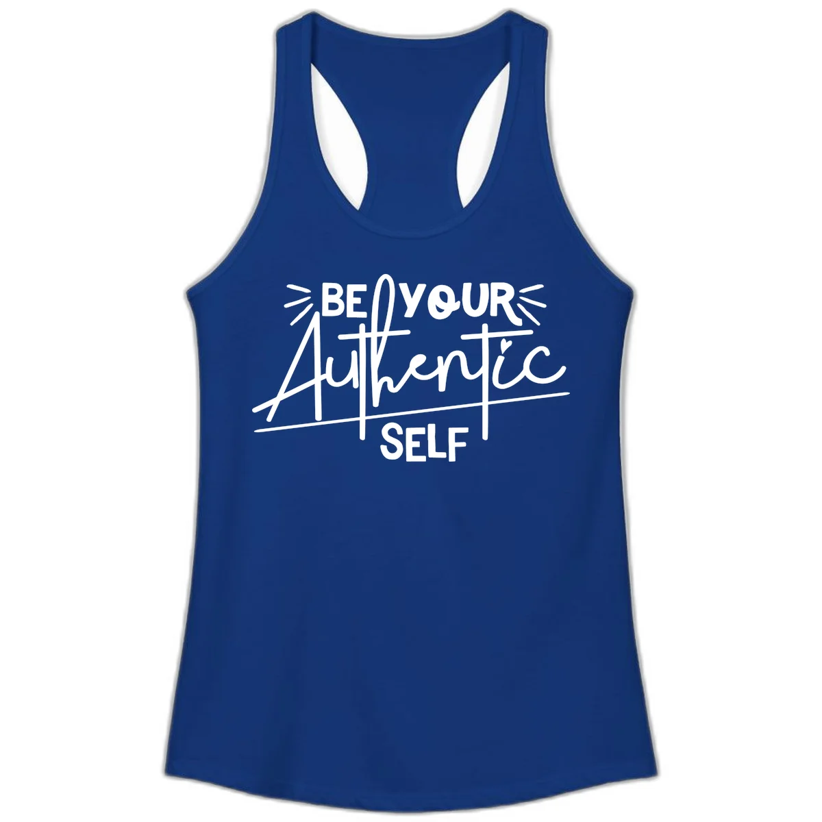 White hand-lettered text reading 'Be Your Authentic Self' with decorative radiating lines and a small heart on gray background in Solid Royal