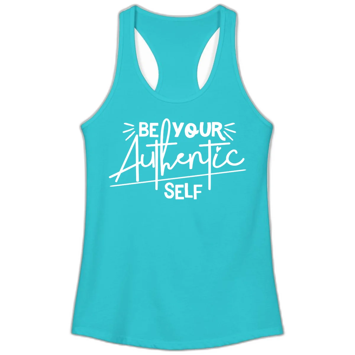 White hand-lettered text reading 'Be Your Authentic Self' with decorative radiating lines and a small heart on gray background in Solid Tahiti Blue